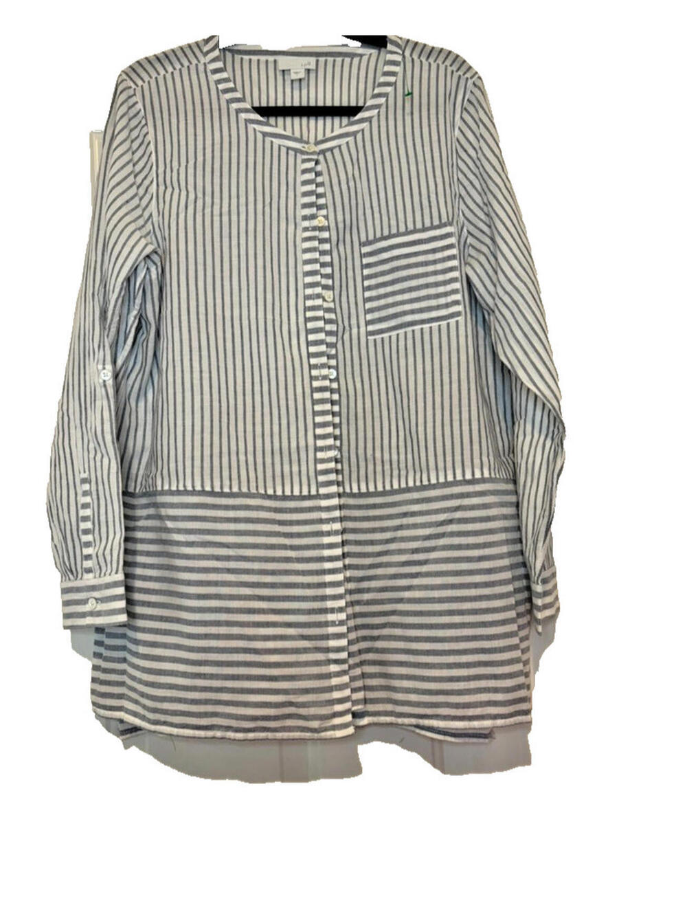J Jill 100% cotton sz L grey striped button‎ brown long sleeve blouse =#1897
